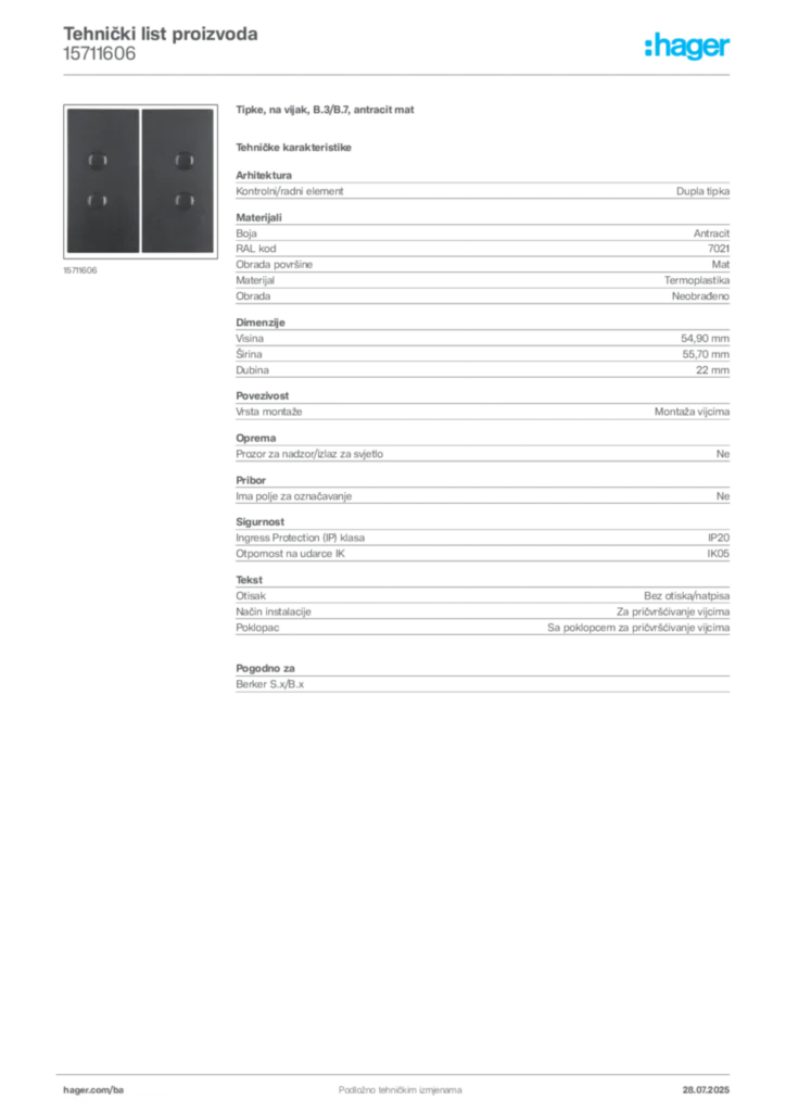 Slika Hager Product data sheet 15711606  | Hager