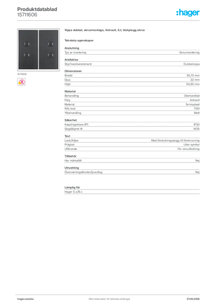 Bild Hager Produktdatablad 15711606 | Hager Sverige