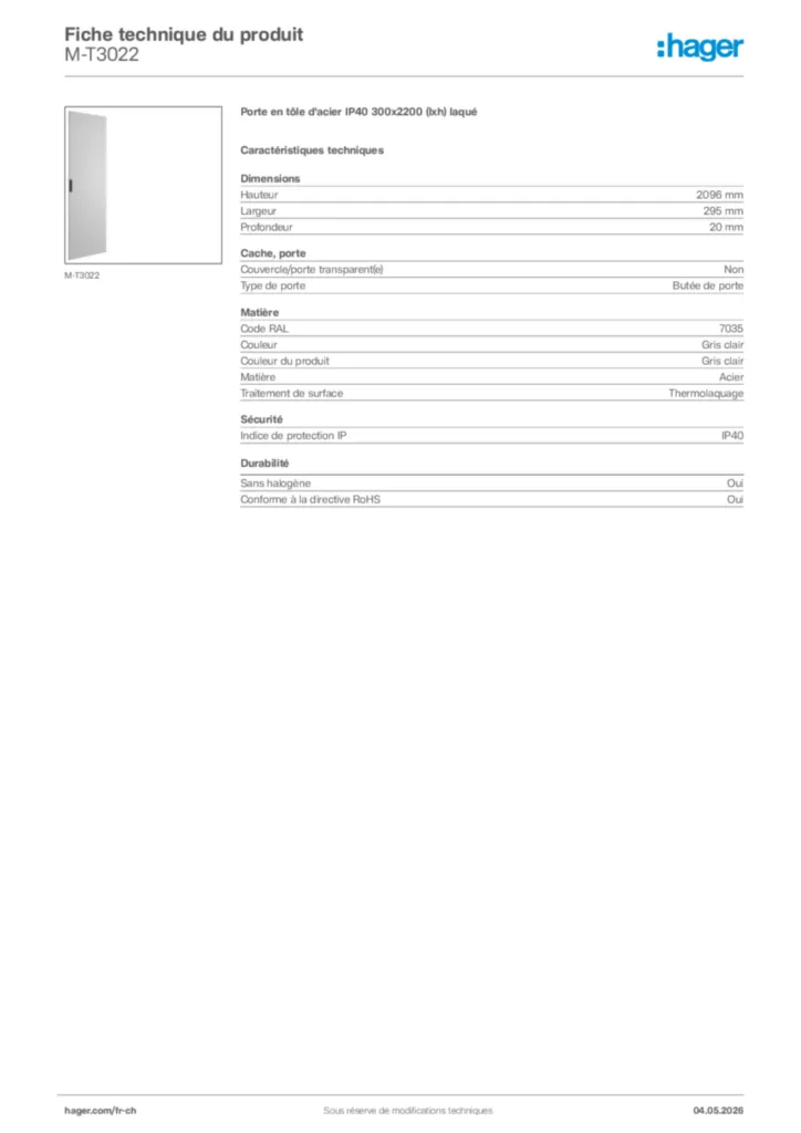 Image Hager Fiche technique du produit M-T3022 | Hager Suisse
