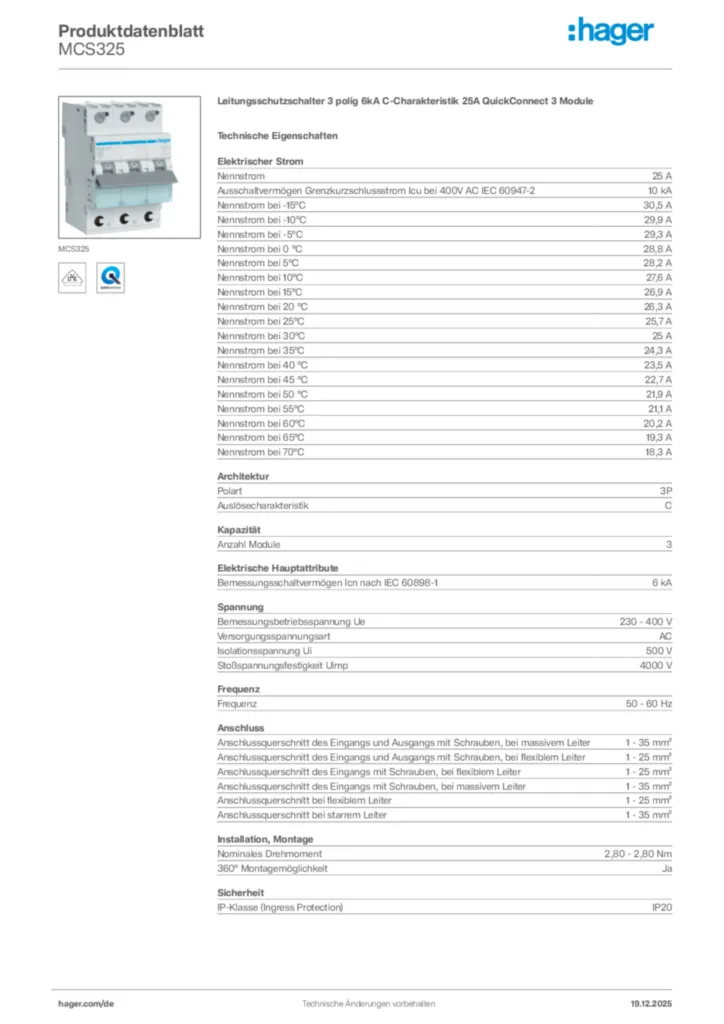 Bild Hager Produktdatenblatt MCS325 | Hager Deutschland