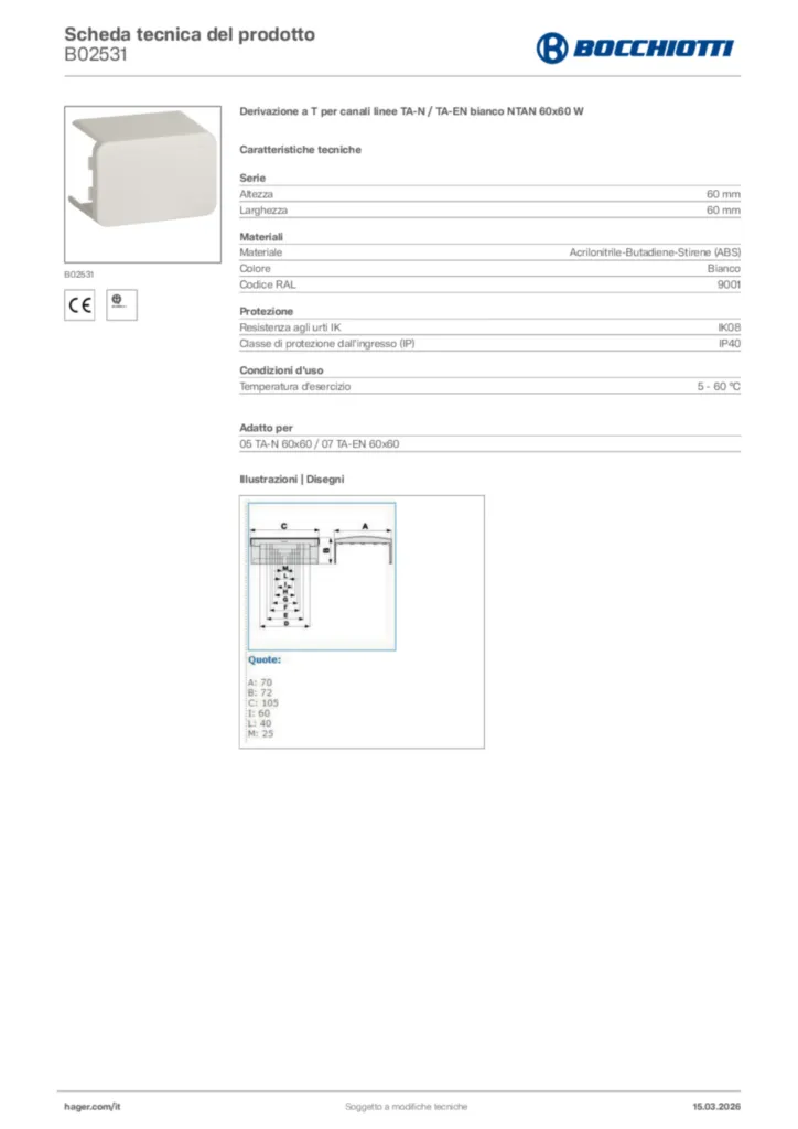 Immagine Bocchiotti Scheda tecnica del prodotto B02531 | Hager Italia