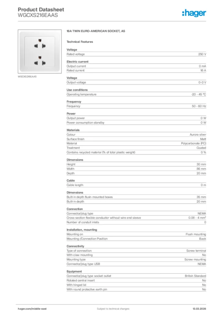 Image Hager Product data sheet WGCXS216EAAS  | Hager