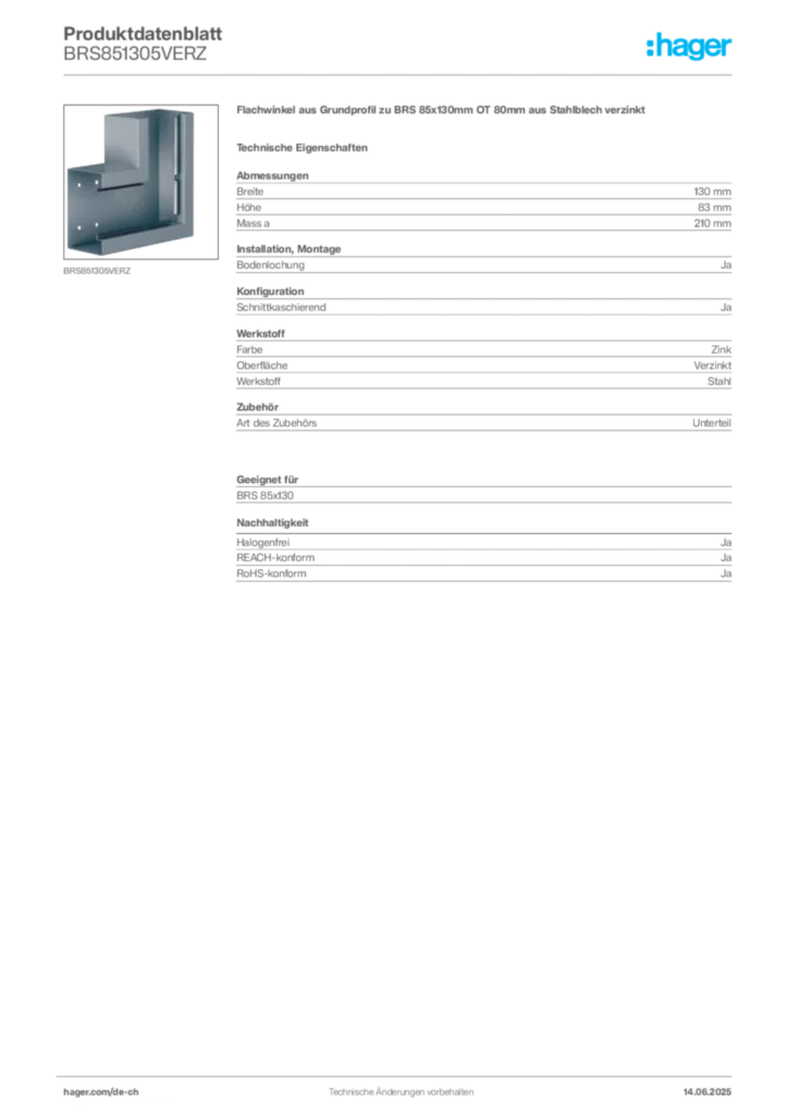 Bild Hager Produktdatenblatt BRS851305VERZ | Hager Schweiz