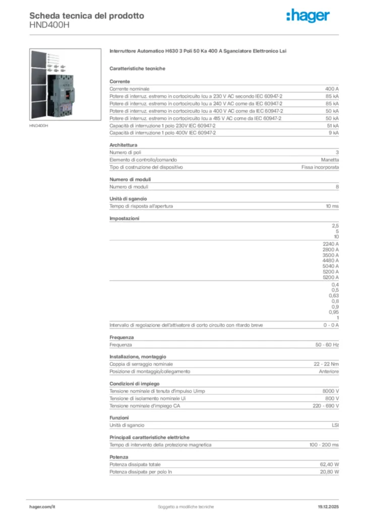 Immagine Hager Scheda tecnica del prodotto HND400H | Hager Italia