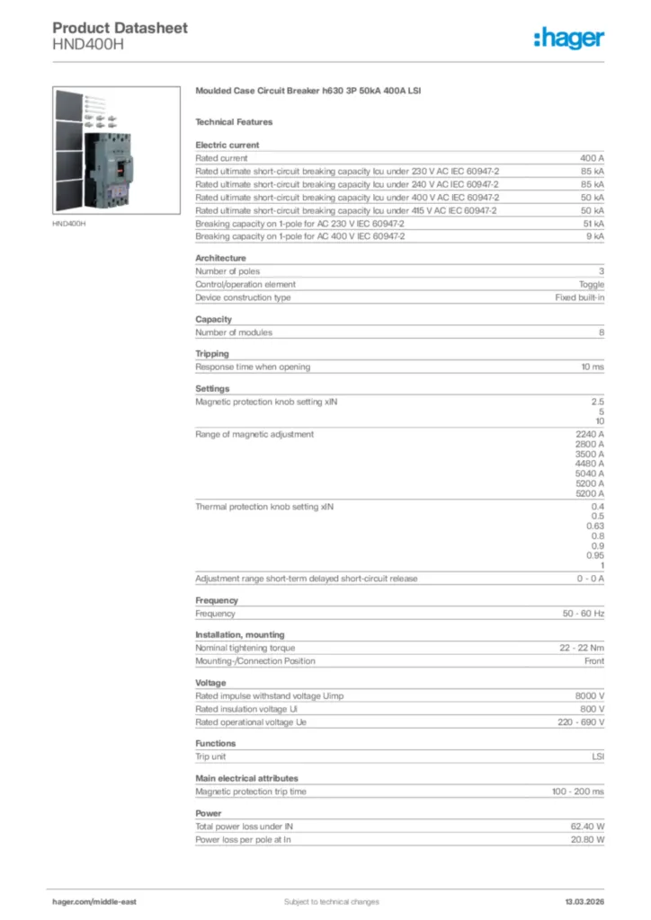 Image Hager Product data sheet HND400H  | Hager