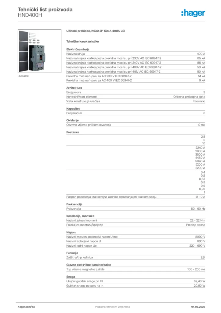 Slika Hager Tehnički list proizvoda HND400H  | Hager