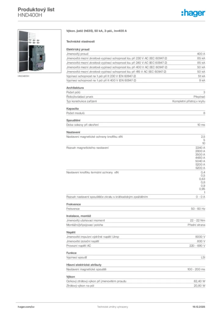 Obrázek Hager Produktový list HND400H | Hager
