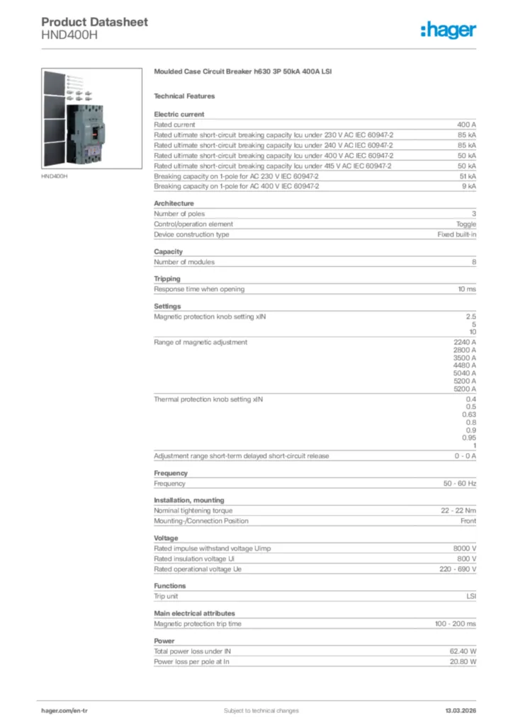 Image Hager Product data sheet HND400H  | Hager