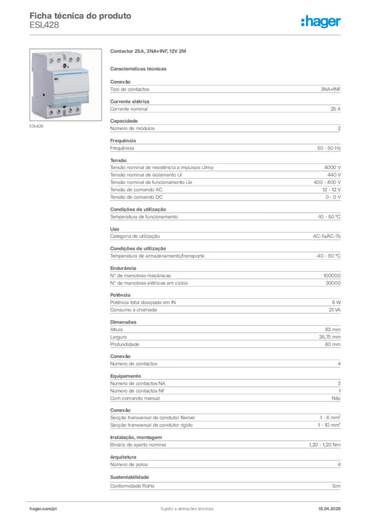 Imagem Hager Ficha técnica do produto ESL428 | Hager Portugal