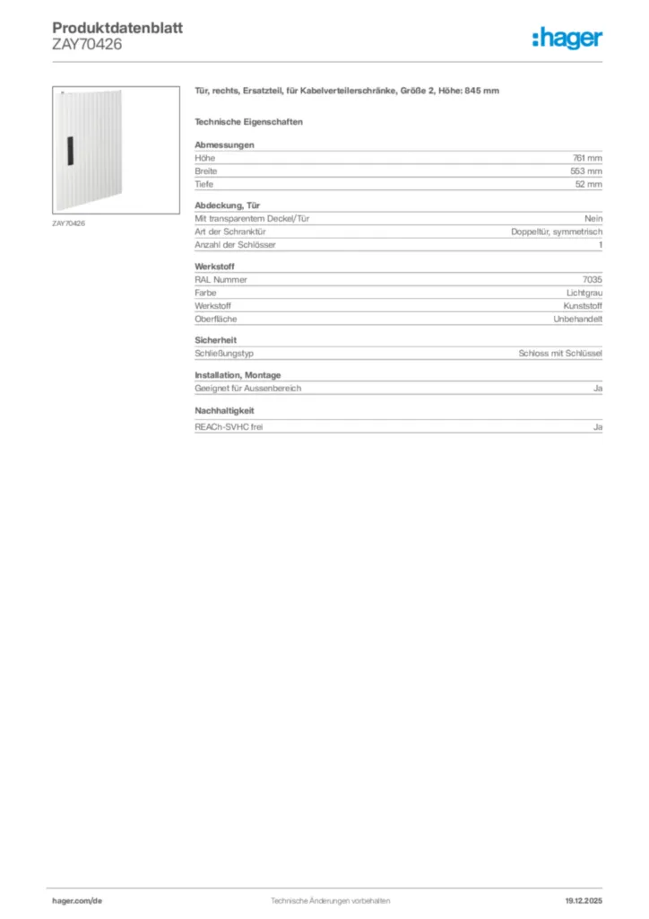 Bild Hager Produktdatenblatt ZAY70426 | Hager Deutschland