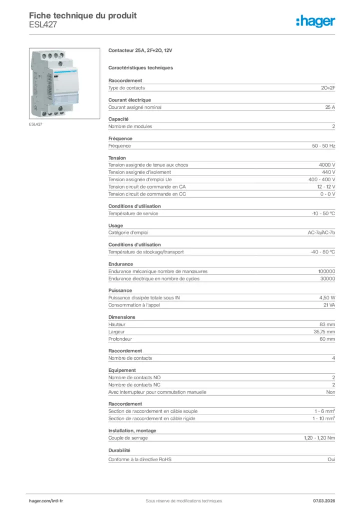 Image Hager Fiche technique du produit ESL427 | Hager Afrique