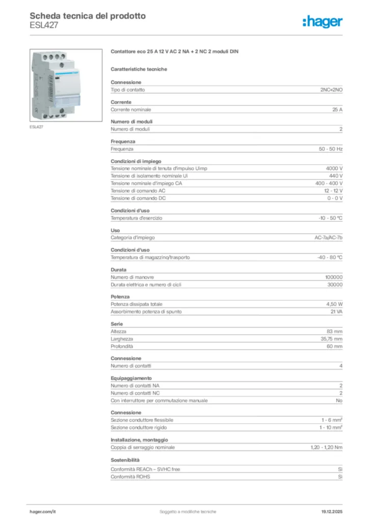 Immagine Hager Scheda tecnica del prodotto ESL427 | Hager Italia