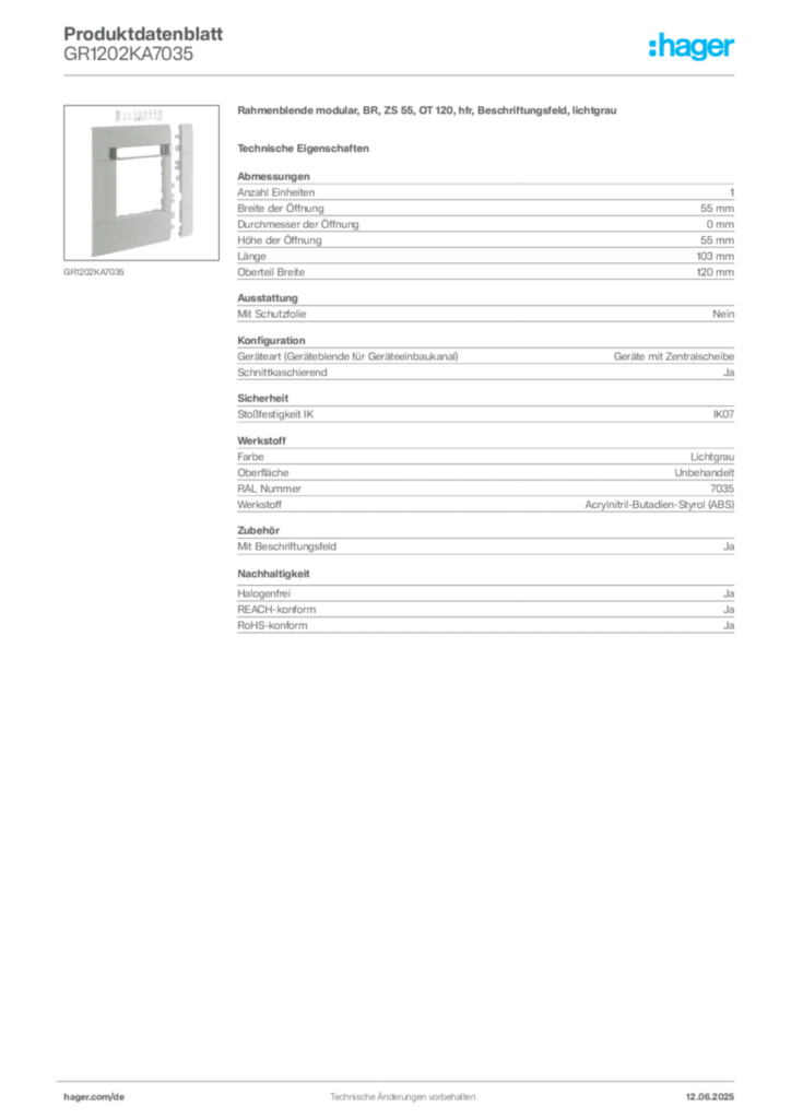 Bild Hager Produktdatenblatt GR1202KA7035 | Hager Deutschland