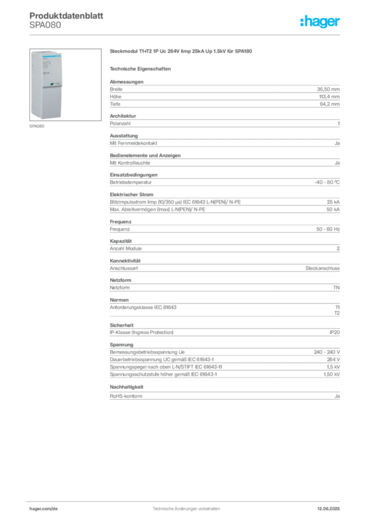 Bild Hager Produktdatenblatt SPA080 | Hager Deutschland