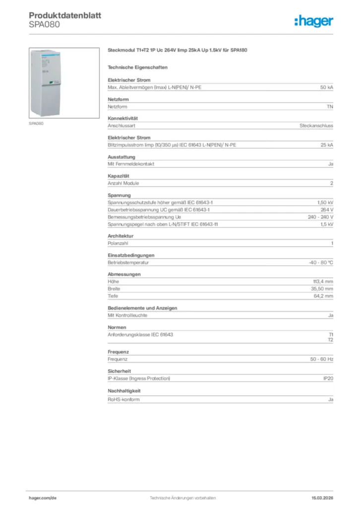 Bild Hager Produktdatenblatt SPA080 | Hager Deutschland