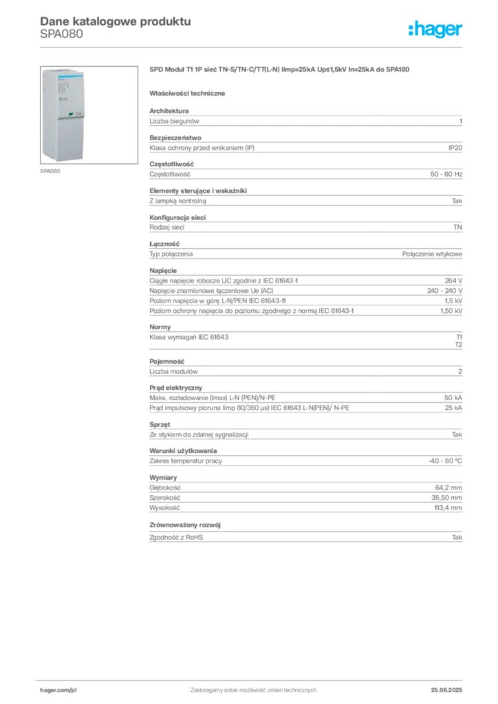 Zdjęcie Hager Karta katalogowa SPA080 | Hager Polska