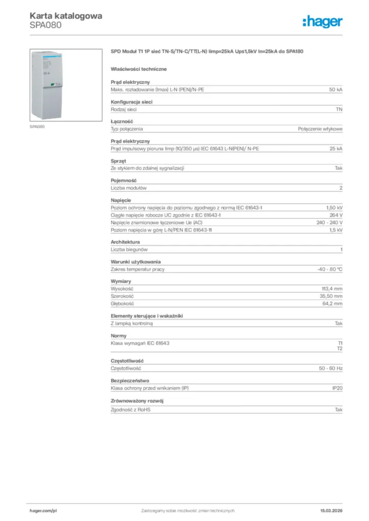 Zdjęcie Hager Karta katalogowa SPA080 | Hager Polska