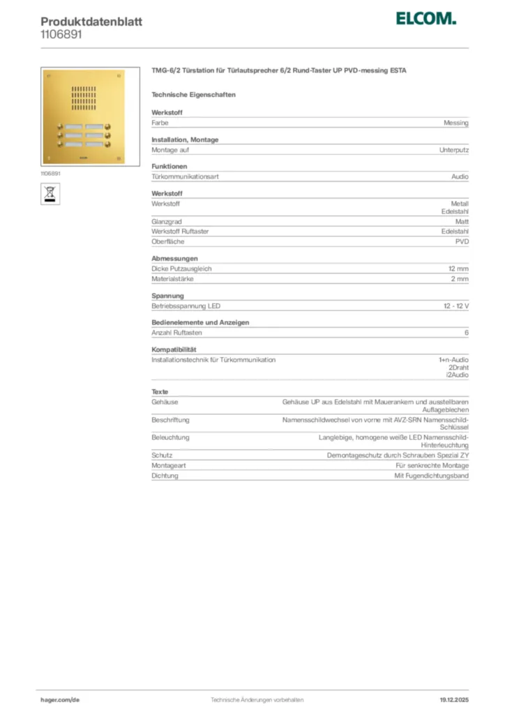 Bild Elcom Produktdatenblatt 1106891 | Hager Deutschland