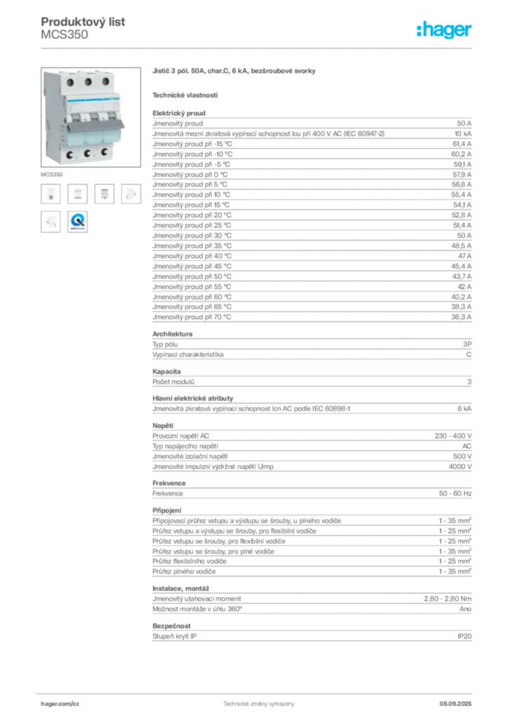 Obrázek Hager Produktový list MCS350 | Hager
