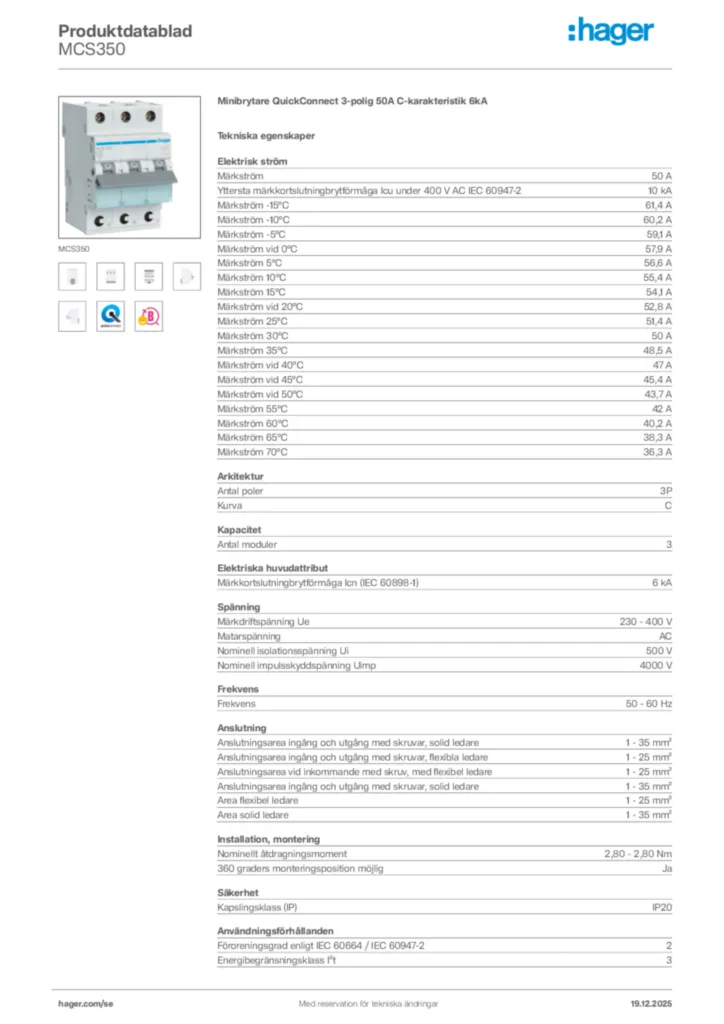 Bild Hager Produktdatablad MCS350 | Hager Sverige