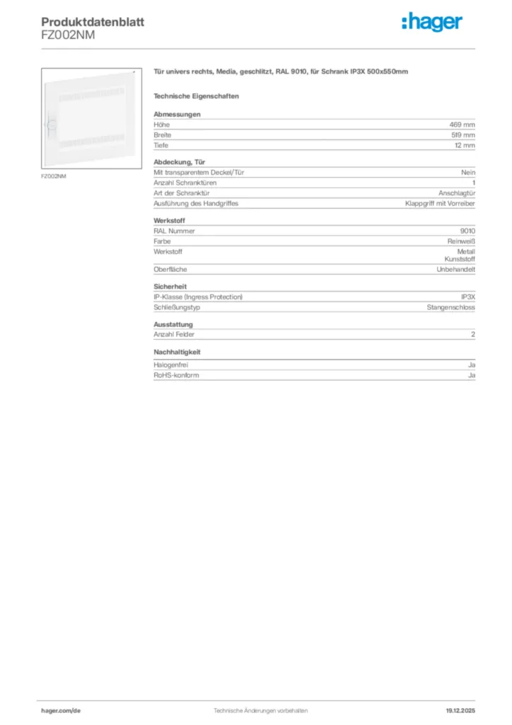 Bild Hager Produktdatenblatt FZ002NM | Hager Deutschland