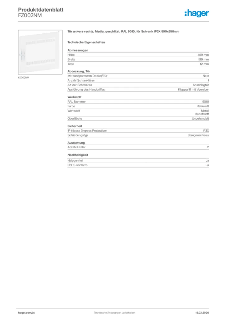 Bild Hager Produktdatenblatt FZ002NM | Hager Deutschland