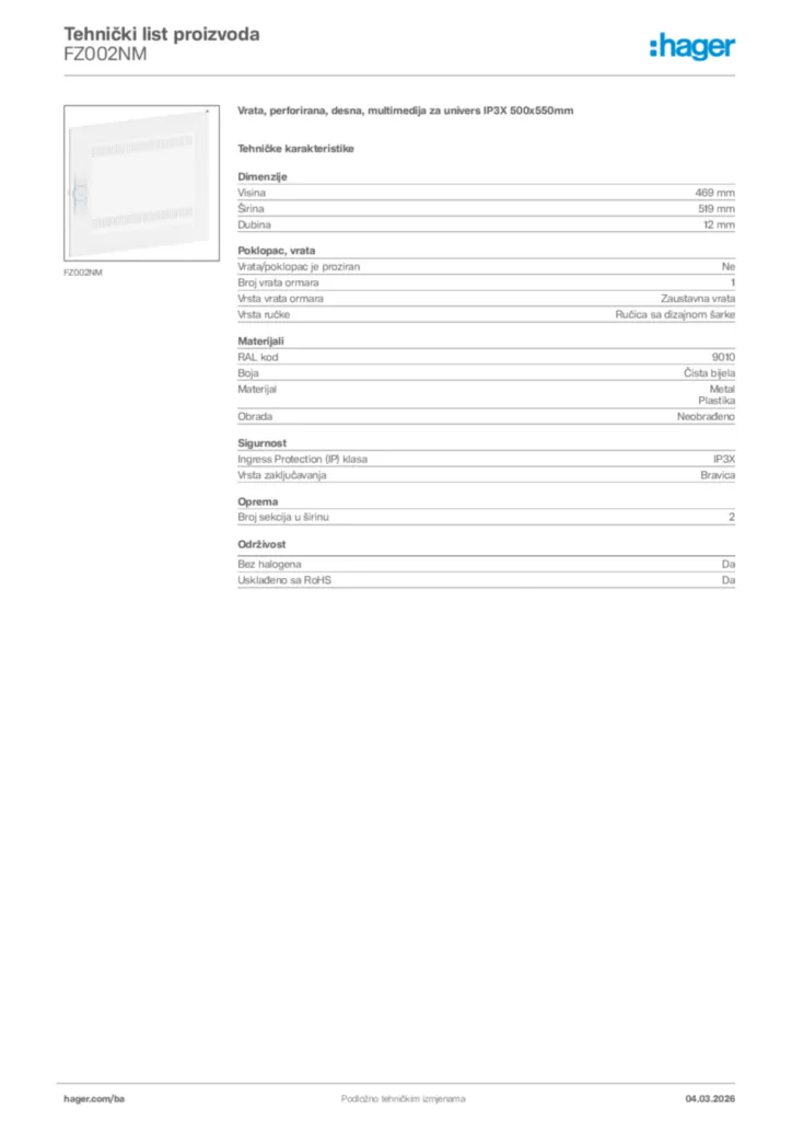 Slika Hager Tehnički list proizvoda FZ002NM  | Hager