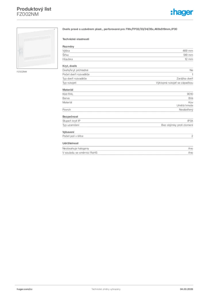 Obrázek Hager Product data sheet FZ002NM | Hager