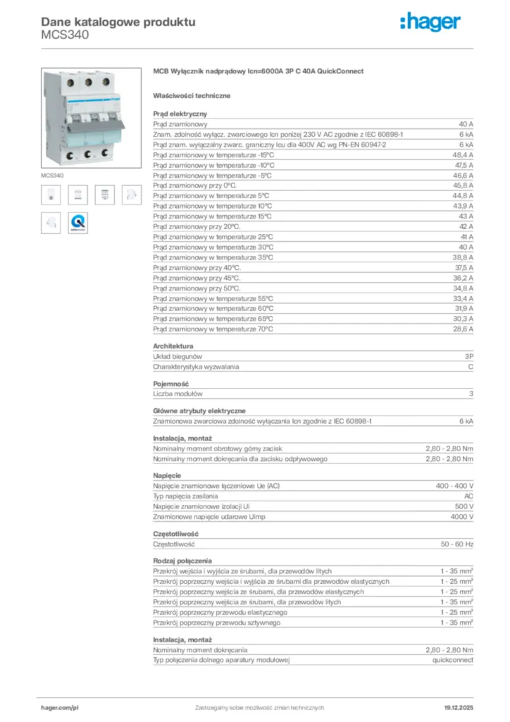 Zdjęcie Hager Karta katalogowa MCS340 | Hager Polska