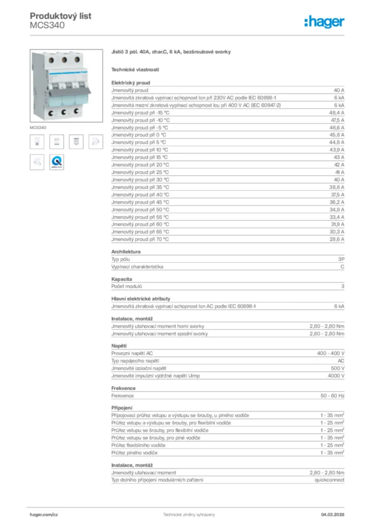 Obrázek Hager Product data sheet MCS340 | Hager