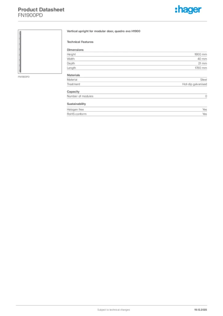 Image Hager Product data sheet FN1900PD  | Hager Africa