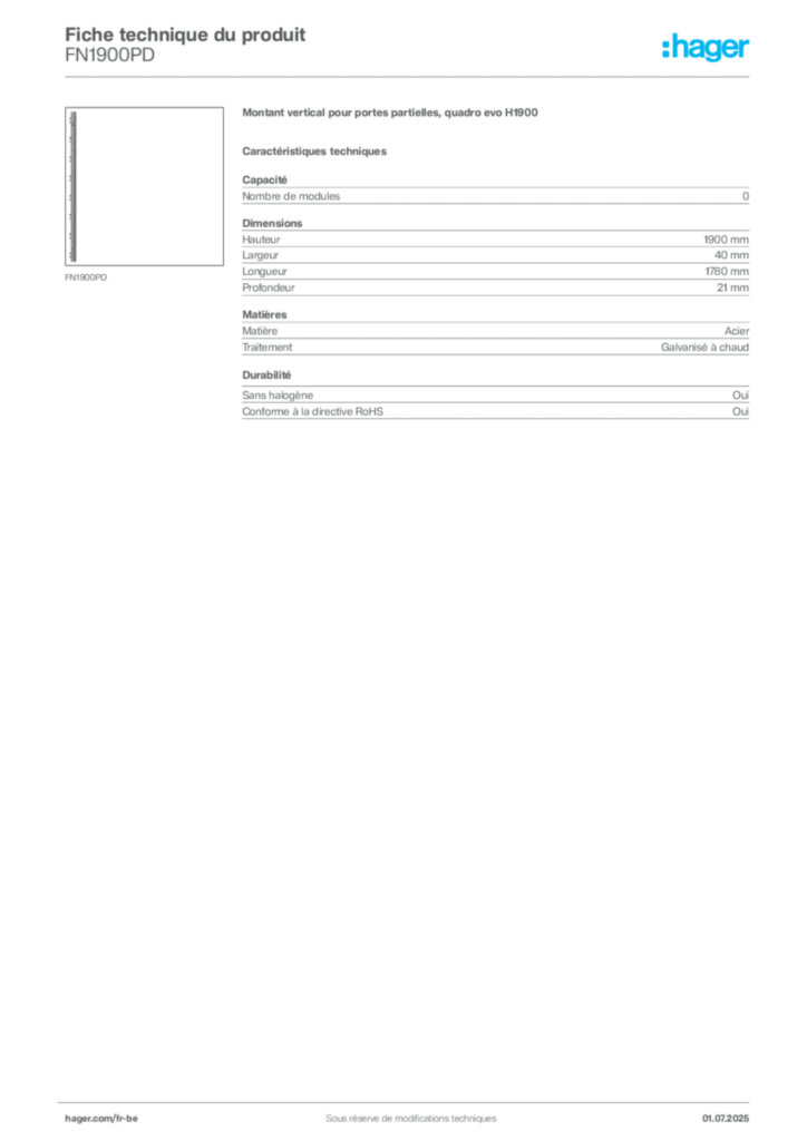 Image Hager Fiche technique du produit FN1900PD | Hager Belgique