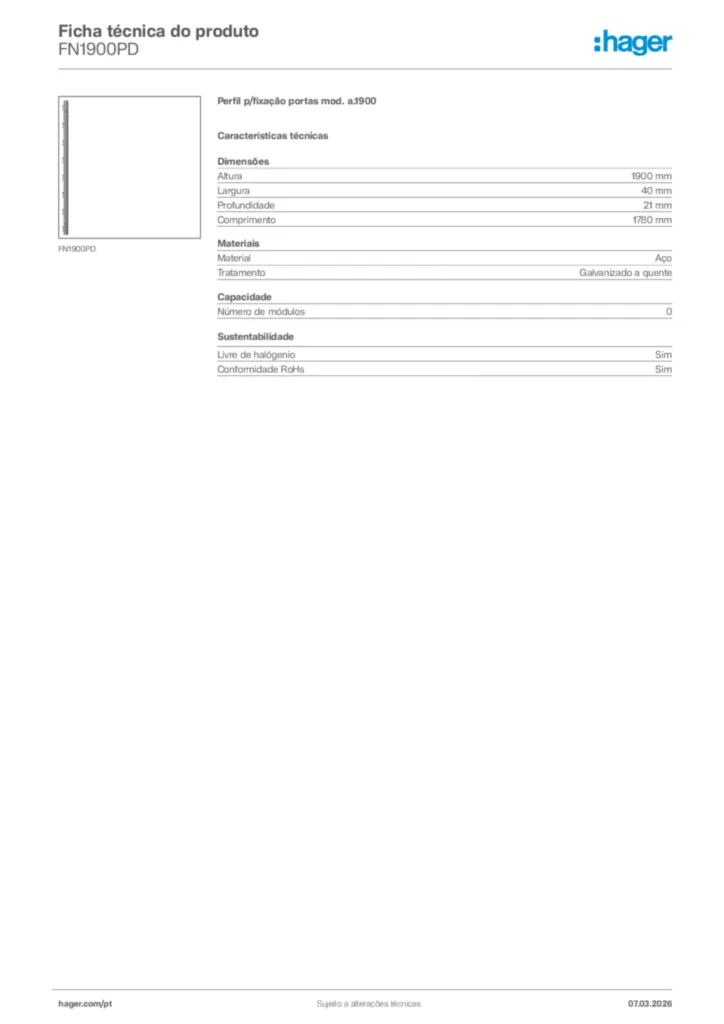 Imagem Hager Ficha técnica do produto FN1900PD | Hager Portugal