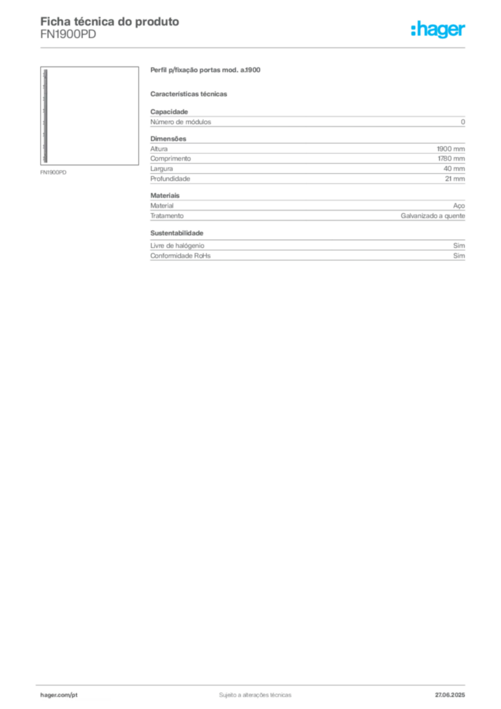 Imagem Hager Ficha técnica do produto FN1900PD | Hager Portugal