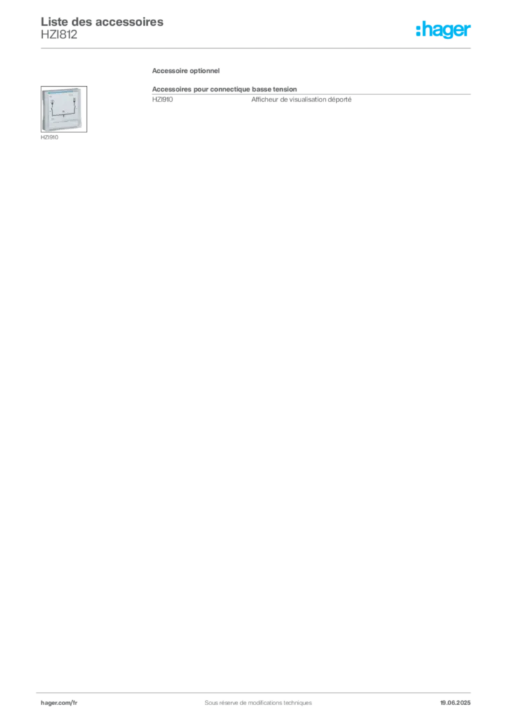 Image Hager Fiche technique du produit HZI812 | Hager France