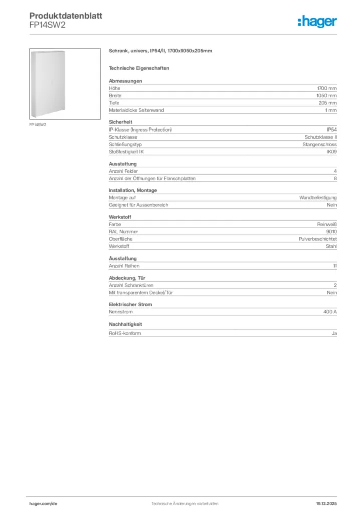 Bild Hager Produktdatenblatt FP14SW2 | Hager Deutschland