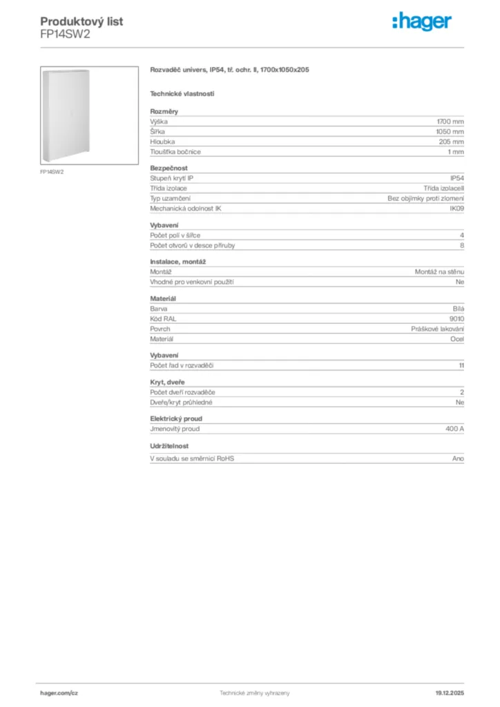 Obrázek Hager Produktový list FP14SW2 | Hager