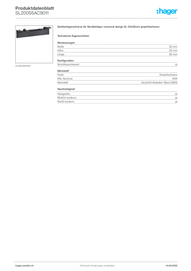 Bild Hager Produktdatenblatt SL20055AC9011 | Hager Schweiz