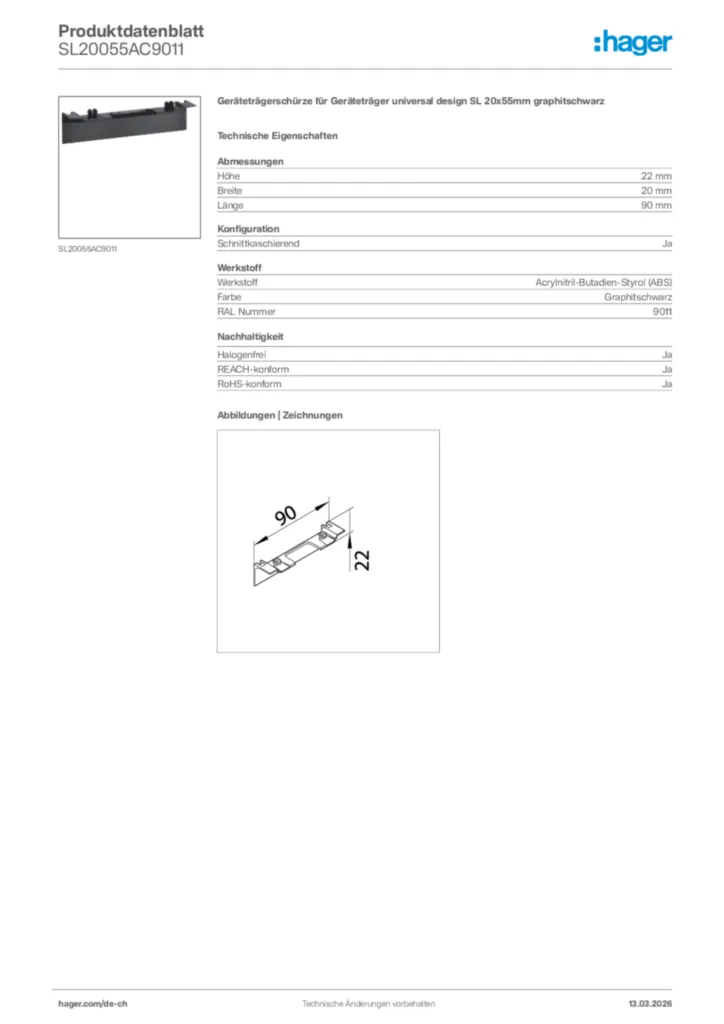 Bild Hager Produktdatenblatt SL20055AC9011 | Hager Schweiz