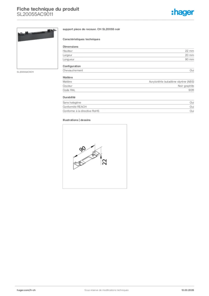 Image Hager Fiche technique du produit SL20055AC9011 | Hager Suisse