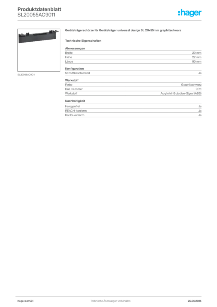 Bild Hager Produktdatenblatt SL20055AC9011 | Hager Deutschland