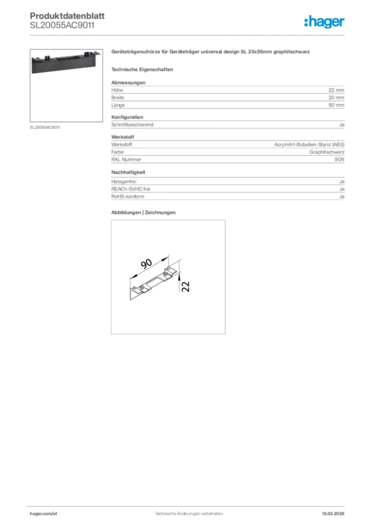 Bild Hager Produktdatenblatt SL20055AC9011 | Hager Deutschland