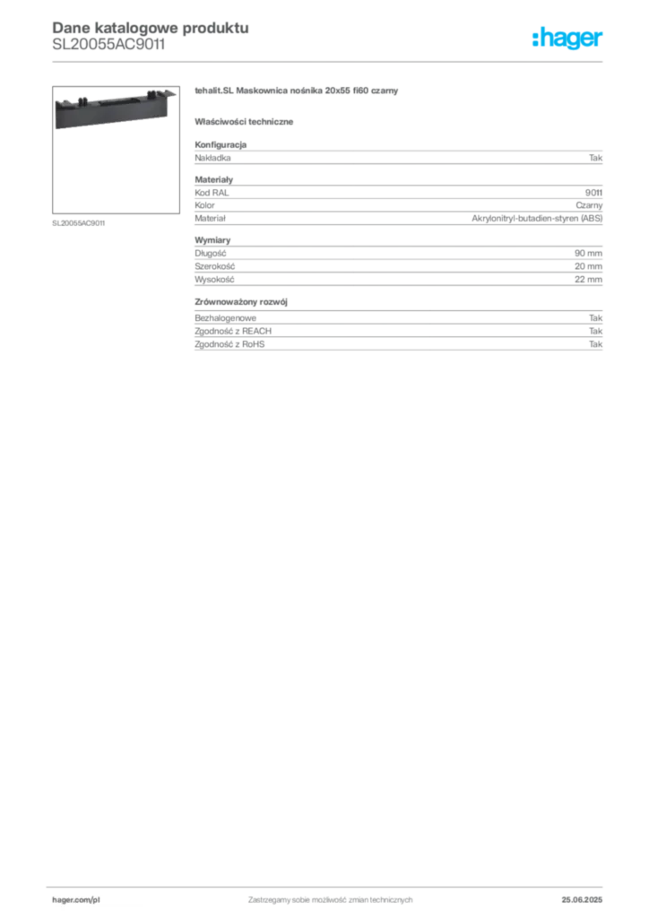 Zdjęcie Hager Karta katalogowa SL20055AC9011 | Hager Polska