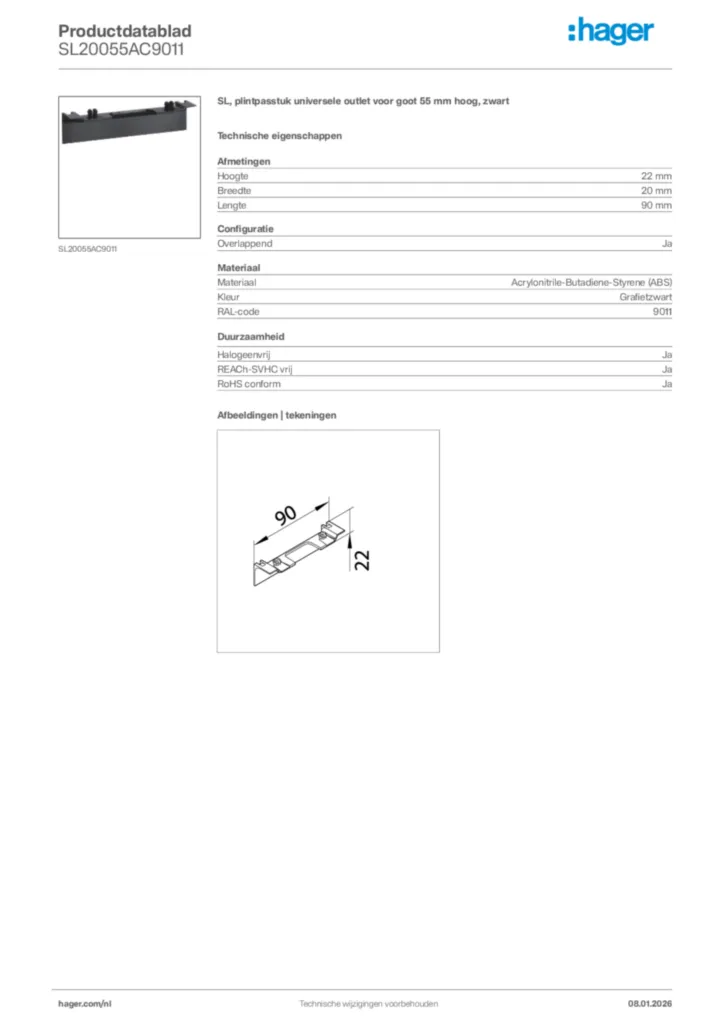Afbeelding Hager Productdatablad SL20055AC9011 | Hager Nederland