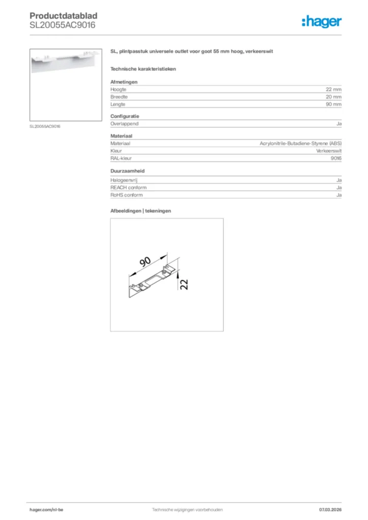 Afbeelding Hager Productdatablad SL20055AC9016 | Hager Belgium
