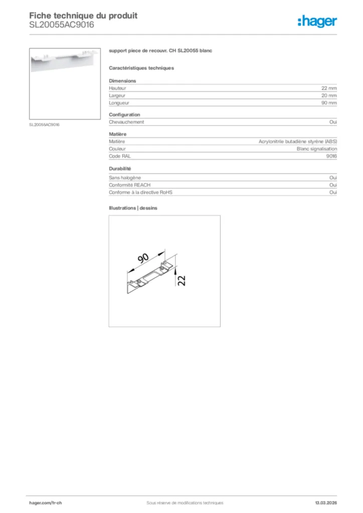 Image Hager Fiche technique du produit SL20055AC9016 | Hager Suisse