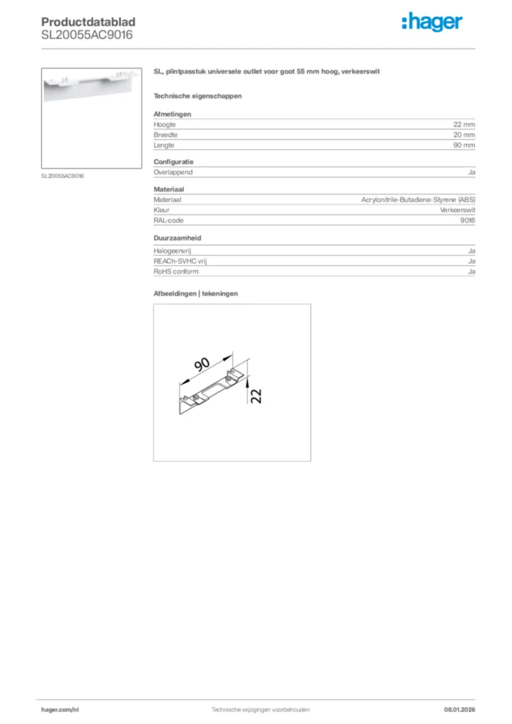 Afbeelding Hager Productdatablad SL20055AC9016 | Hager Nederland