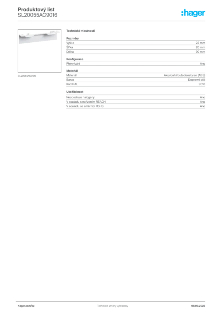 Obrázek Hager Produktový list SL20055AC9016 | Hager