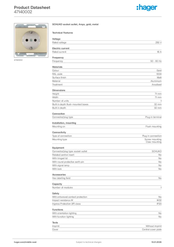 Image Hager Product data sheet 47140002  | Hager