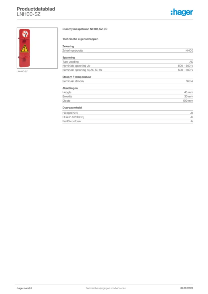 Afbeelding Hager Productdatablad LNH00-SZ | Hager Nederland